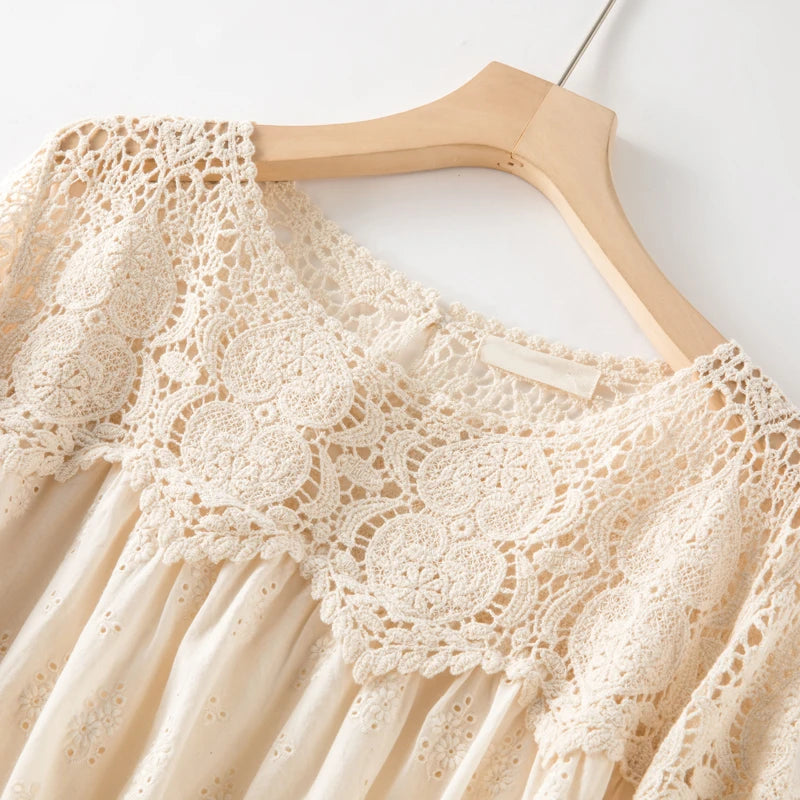 Japan Style Sweet Lace Patchwork Ladies Dresses Flower Crocheted Embroidery Party Dress Oversized Cotton Dresses for Women