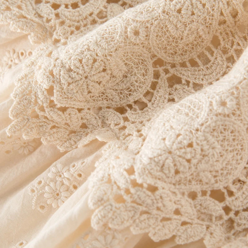 Japan Style Sweet Lace Patchwork Ladies Dresses Flower Crocheted Embroidery Party Dress Oversized Cotton Dresses for Women