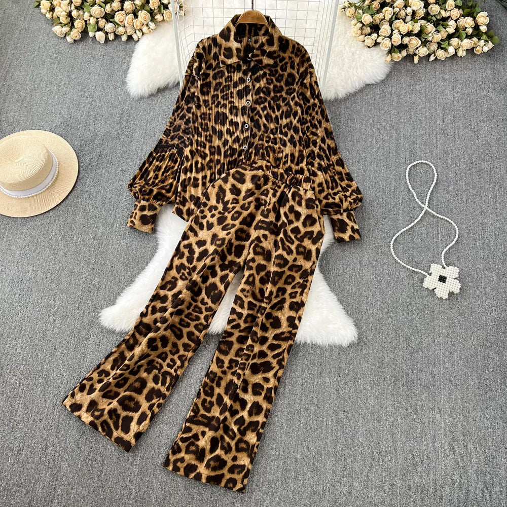 Set Leopard Print 2 pcs for women Long Sleeve Shirts Casual Loose Pantalon Outfits
