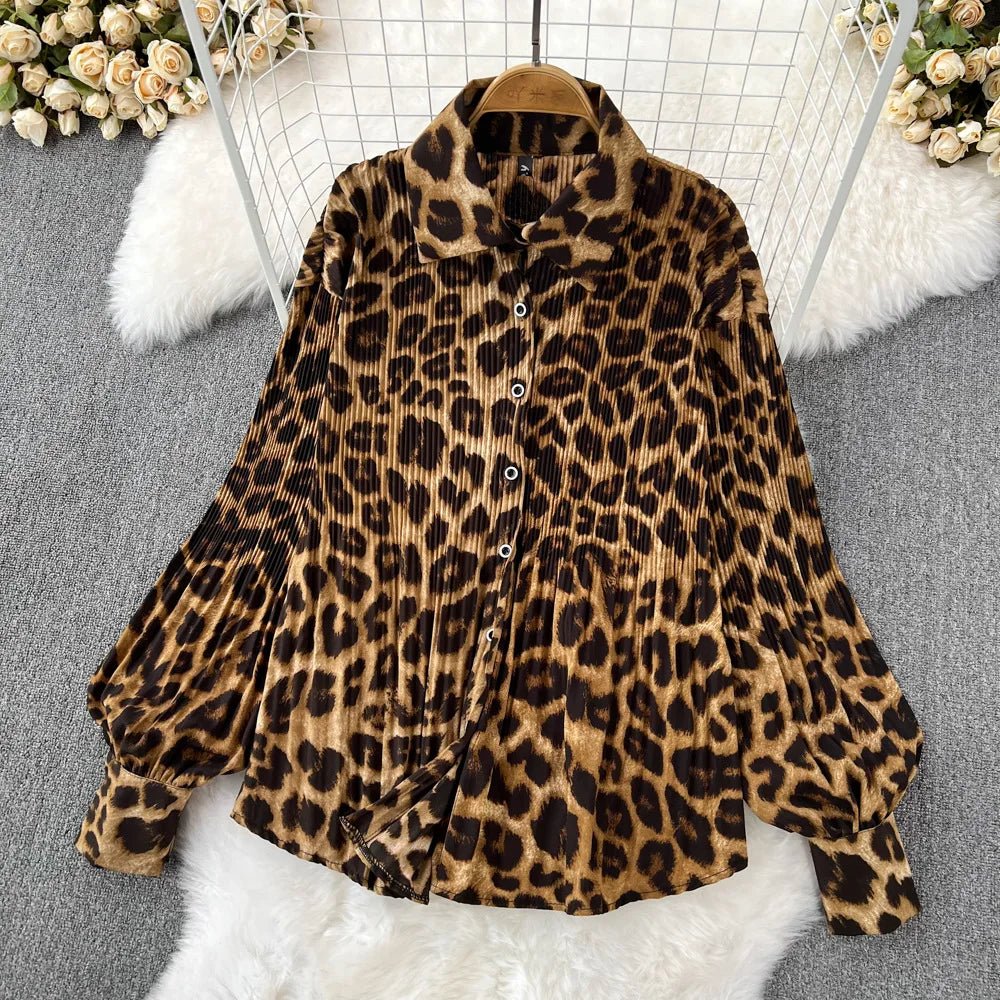 Set Leopard Print 2 pcs for women Long Sleeve Shirts Casual Loose Pantalon Outfits