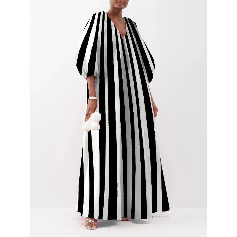 Jennifer Autumn Women's Striped Dress 2024 Fashion Puff Sleeves Three-Quarter Sleeves Striped V-Neck Maxi Dresses