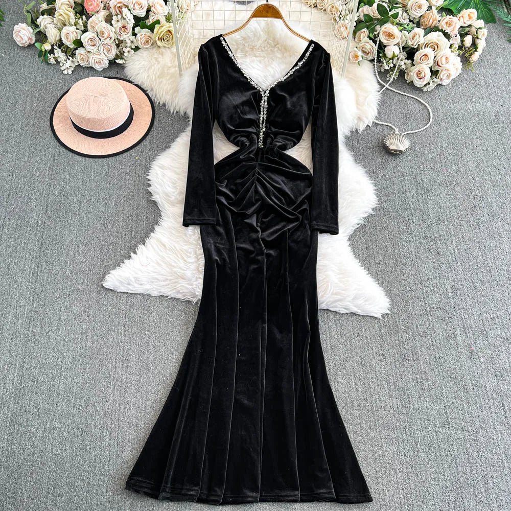 Vintage Long Sleeve Elegant V-neck Chic Rhinestone Slim Golden Velvet Dresses French Evening High Street Autumn Winter Clothing
