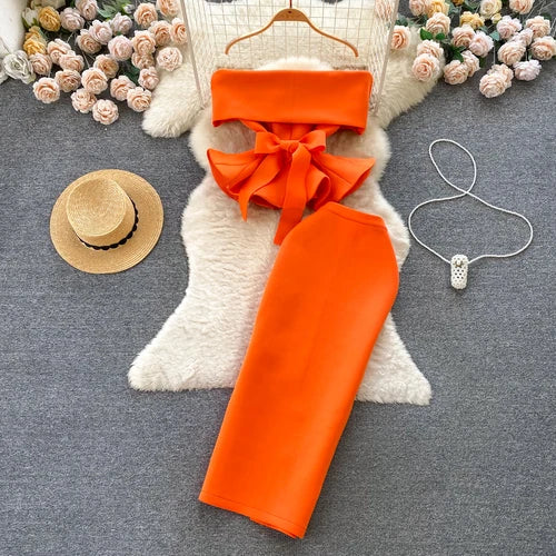 Women Two Pieces Skirt Long Ruffle Blouse