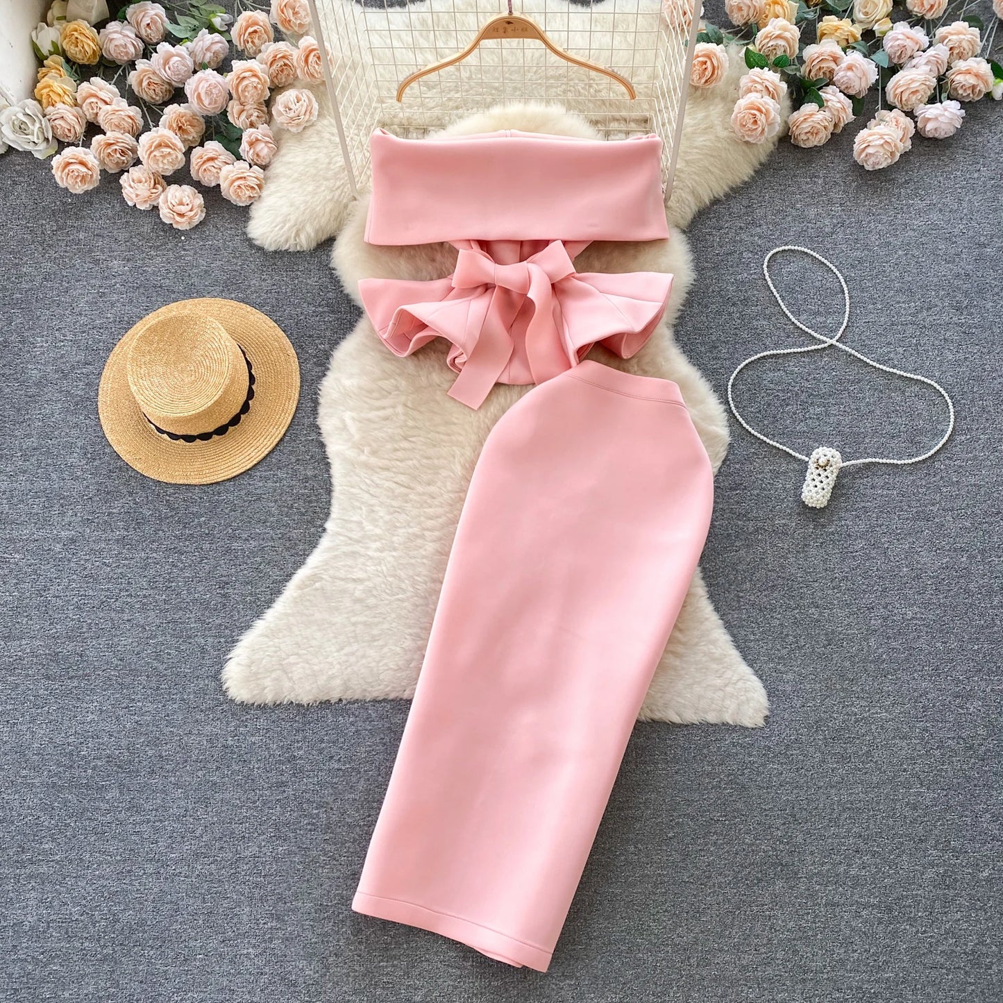 Women Two Pieces Skirt Long Ruffle Blouse