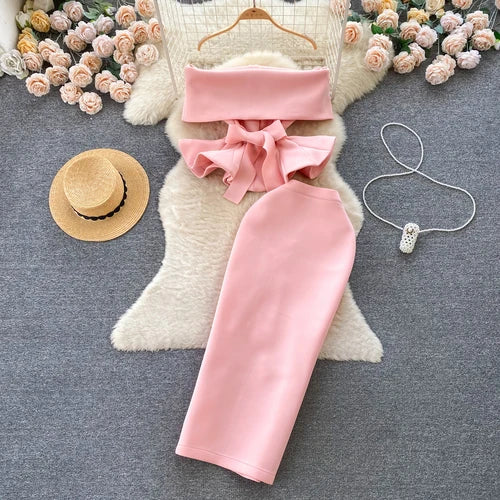 Women Two Pieces Skirt Long Ruffle Blouse