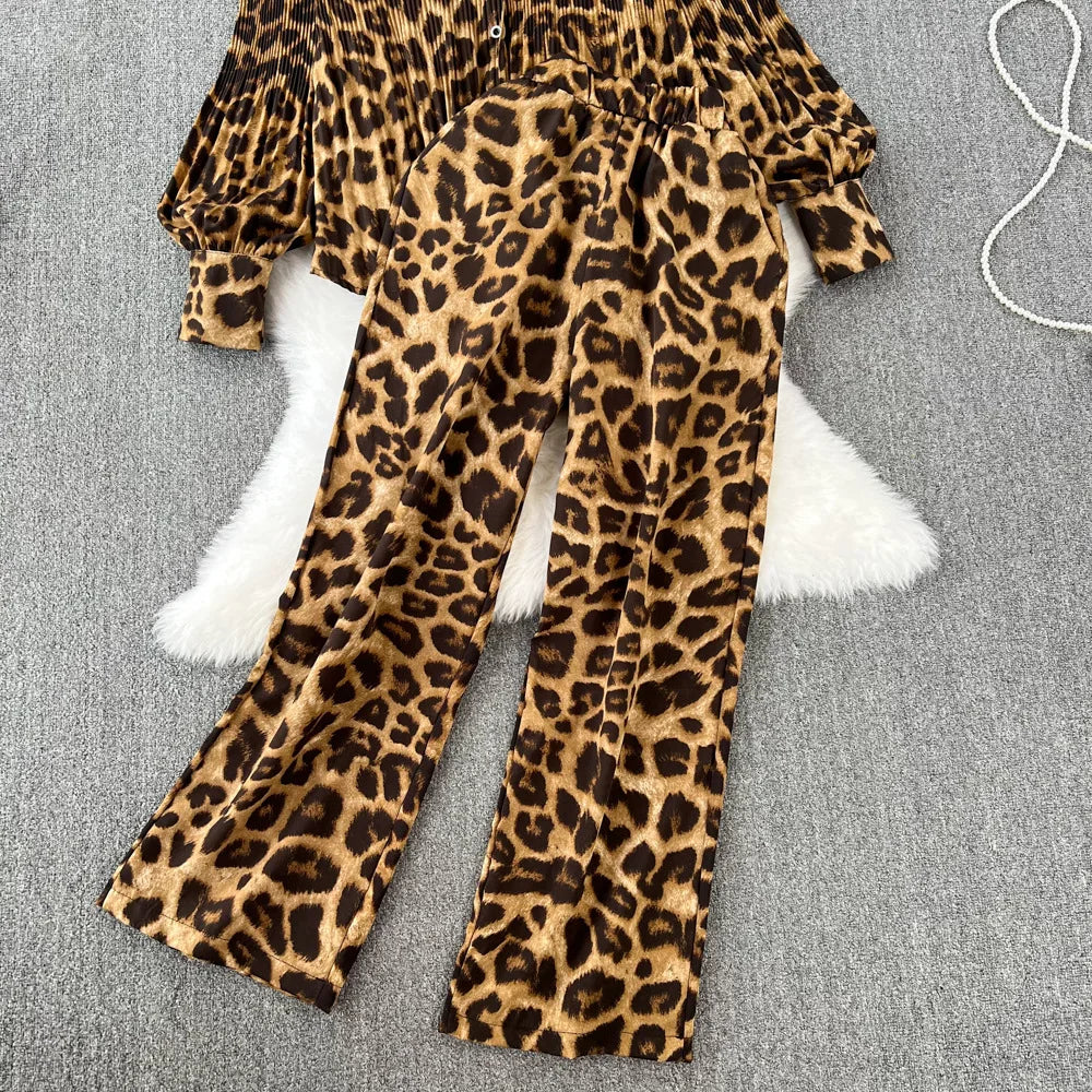Set Leopard Print 2 pcs for women Long Sleeve Shirts Casual Loose Pantalon Outfits