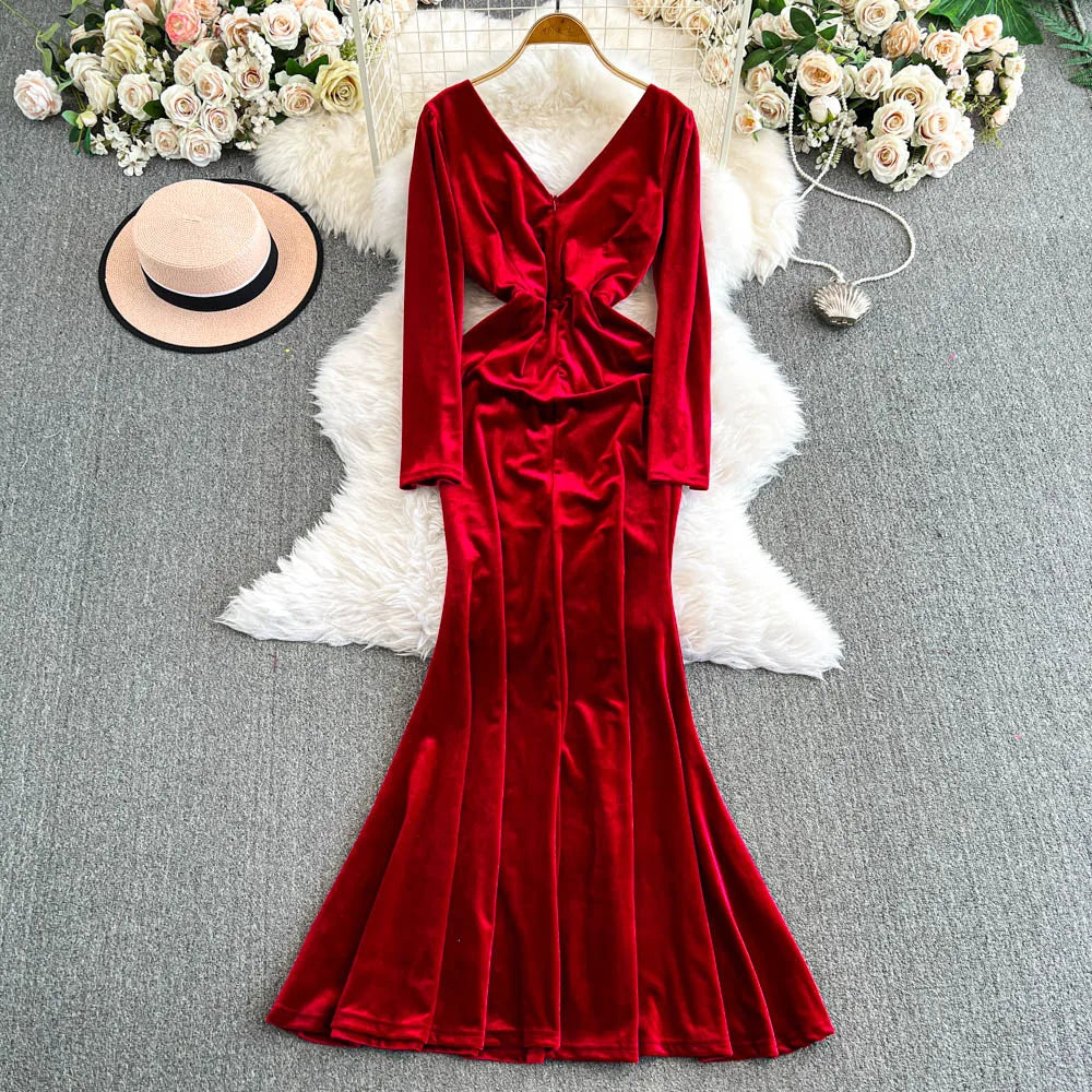 Vintage Long Sleeve Elegant V-neck Chic Rhinestone Slim Golden Velvet Dresses French Evening High Street Autumn Winter Clothing