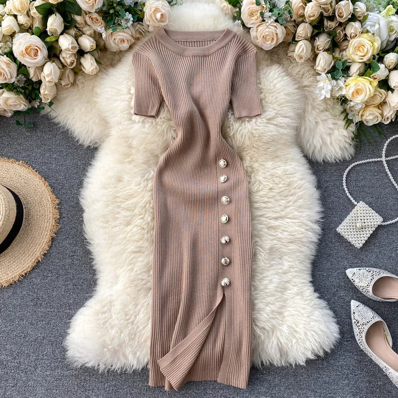 Chic Elastic Knit Split Bodycon Dress Short Sleeve O Neck Women Elegant Fashion Summer Slim Wrap Pencil Dress