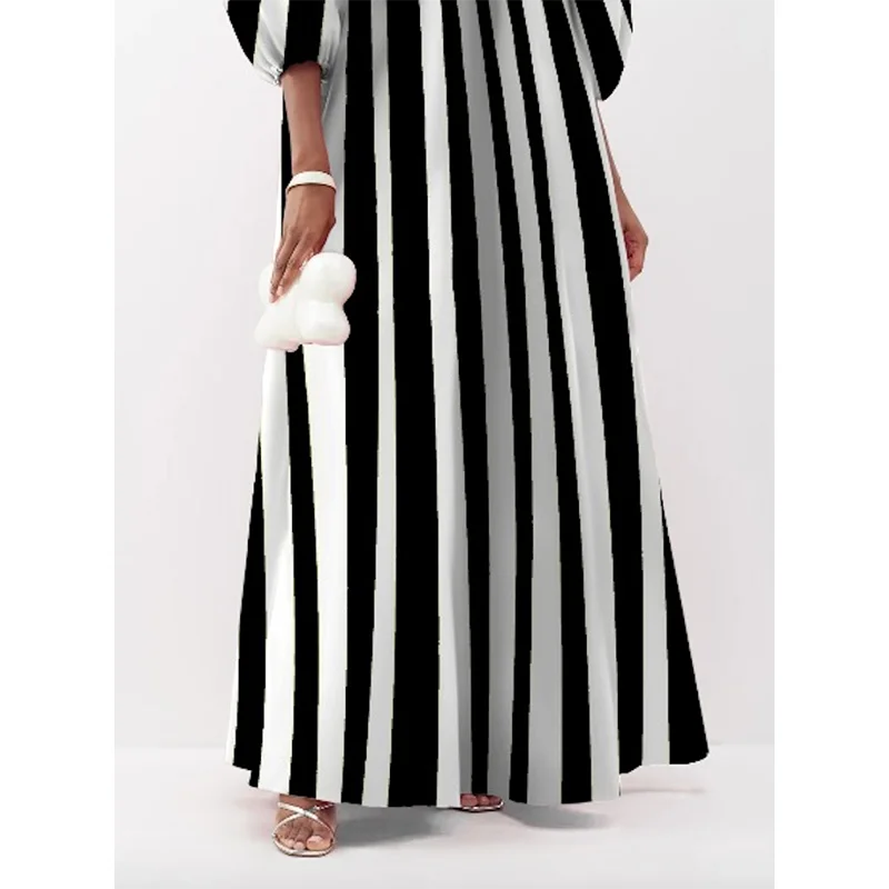 Jennifer Autumn Women's Striped Dress 2024 Fashion Puff Sleeves Three-Quarter Sleeves Striped V-Neck Maxi Dresses