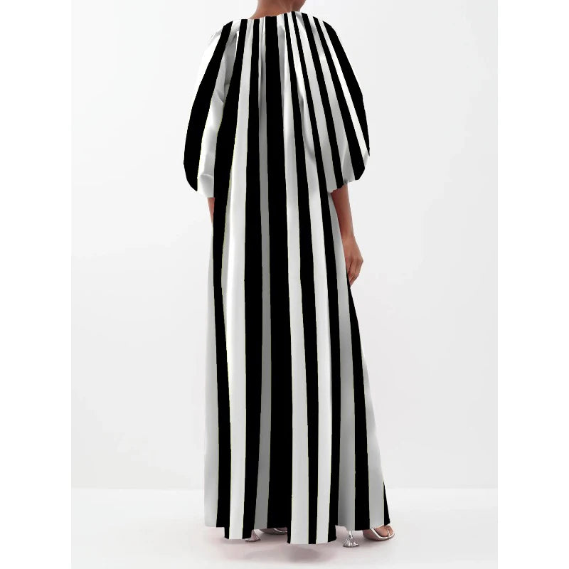 Jennifer Autumn Women's Striped Dress 2024 Fashion Puff Sleeves Three-Quarter Sleeves Striped V-Neck Maxi Dresses