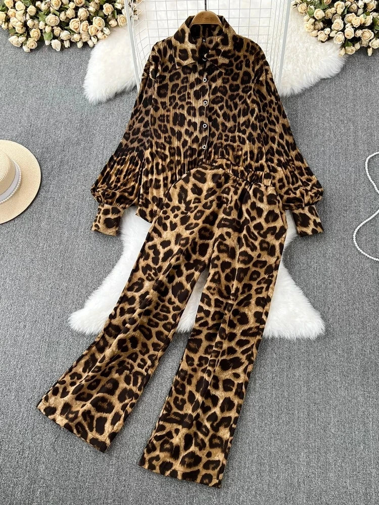 Set Leopard Print 2 pcs for women Long Sleeve Shirts Casual Loose Pantalon Outfits