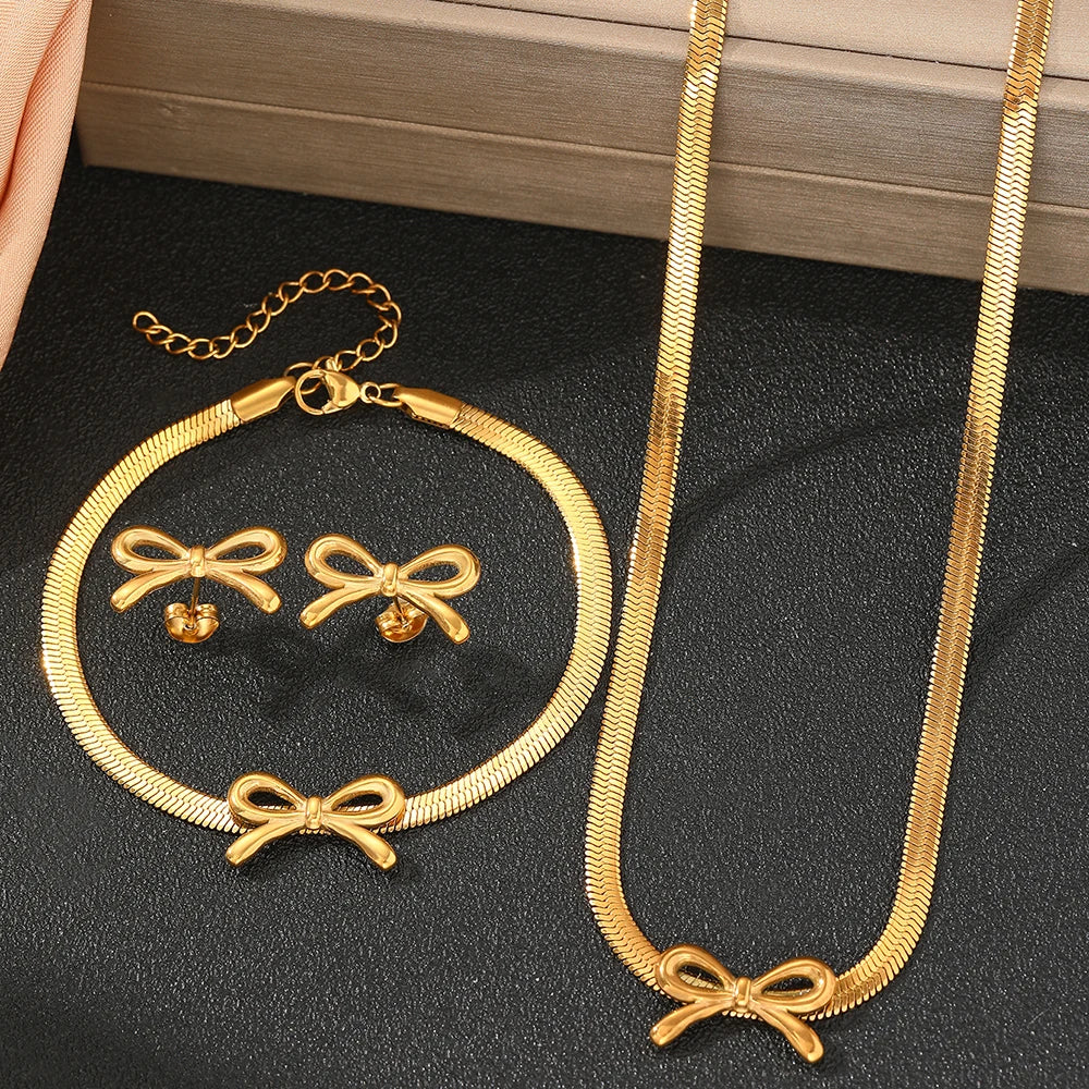 Steel Jewelry Set Blade Chain Bow Design Bracelet Necklace Earrings 3 Piece Jewelry Set For Women Jewelry Party Gifts