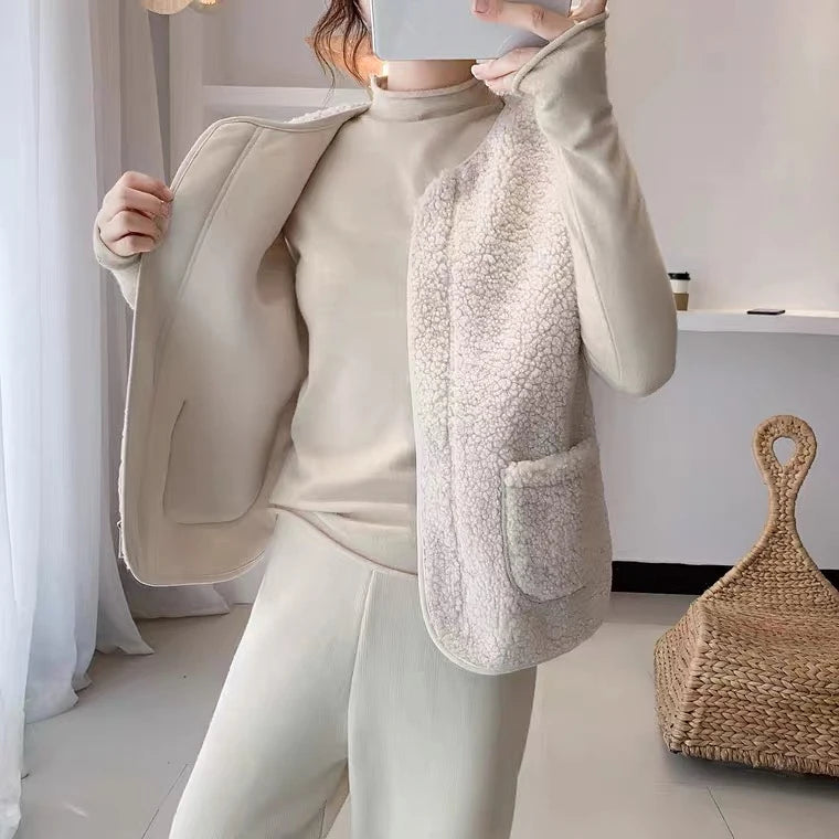 Women Faux Lamb Fur Vest Coat With Pockets Warm Casual Cardigan Jacket