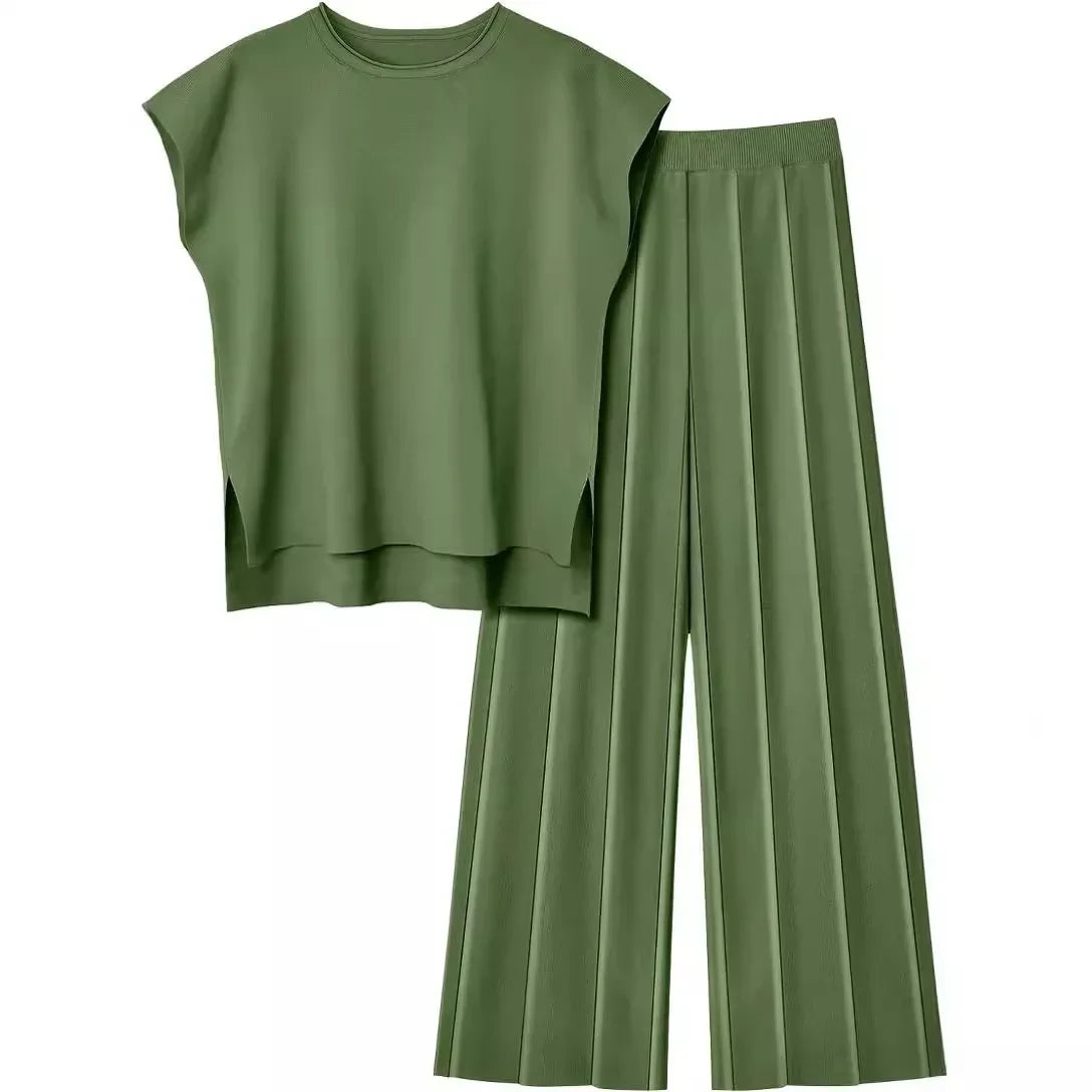 Casual Knitted Women's Set Sleeveless Vest Knitted Sweater plus Wide Leg Pants