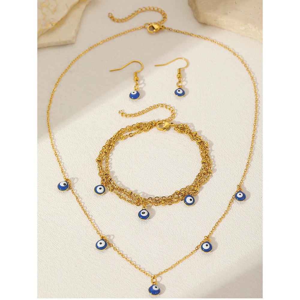 Stainless Steel Jewelry Set Fashion Hanging Small Eyes Earrings Bracelets Necklaces 3 Piece Jewelry Set For Women Jewelry Gifts