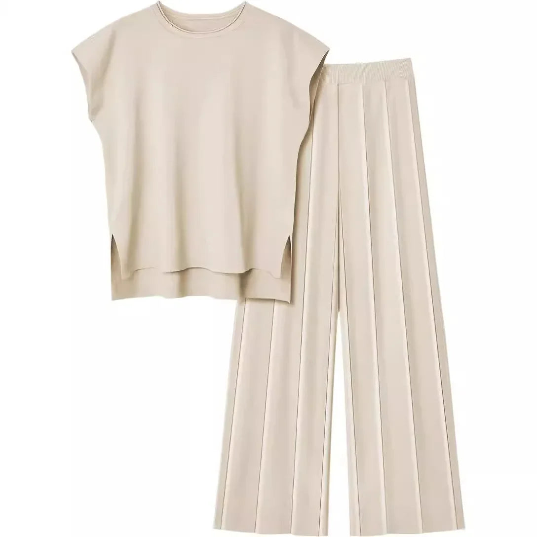 Casual Knitted Women's Set Sleeveless Vest Knitted Sweater plus Wide Leg Pants