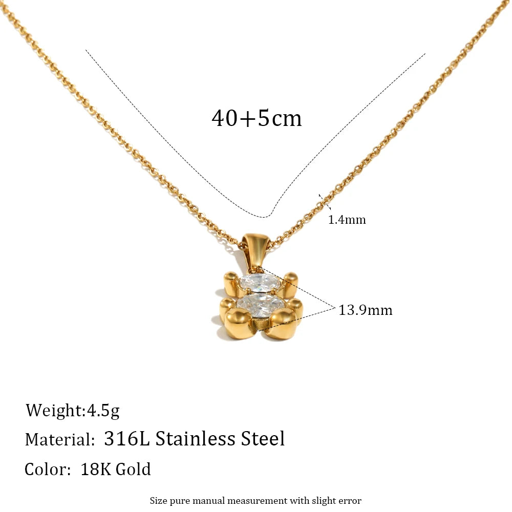 Cute Bear Jewelry Set Gold Plated Sitting Bear Zircon Necklace Stud Earring Smooth Edge Versatile Style Jewelry