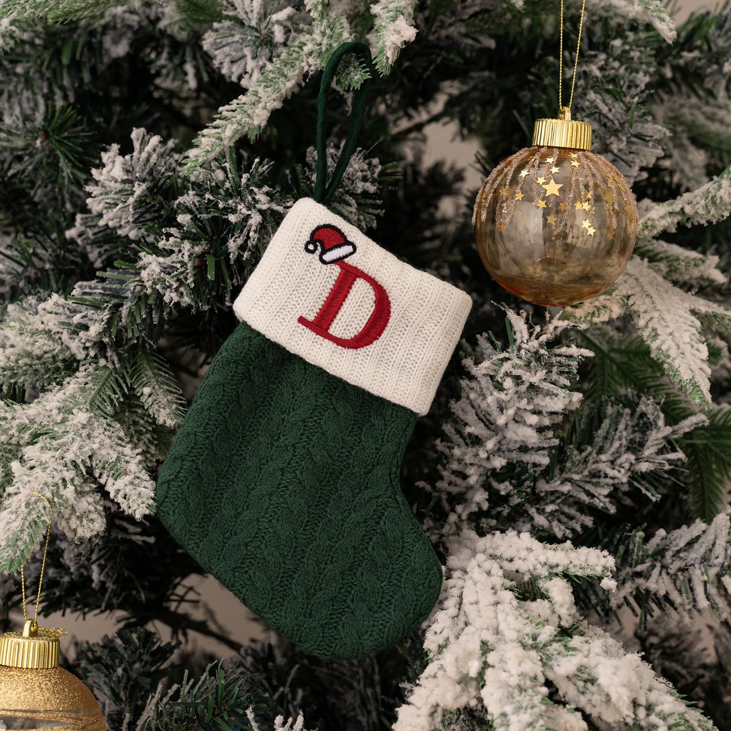 Green A-Z Letter Hanging Christmas Stockings Monogram Knitted Socks