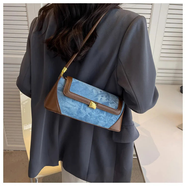 Retro Blue Denim Patchwork Bag New Women's Magnetic Buckle Zipper Shoulder Handbag