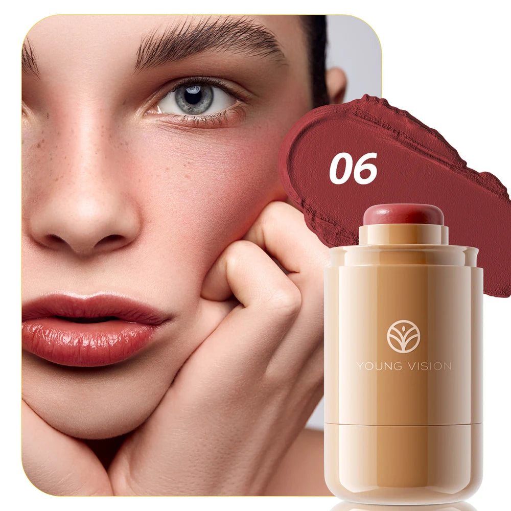 Powder blusher stick, natural 6 color, matte, portable, lip and cheek pocket, rouge cream