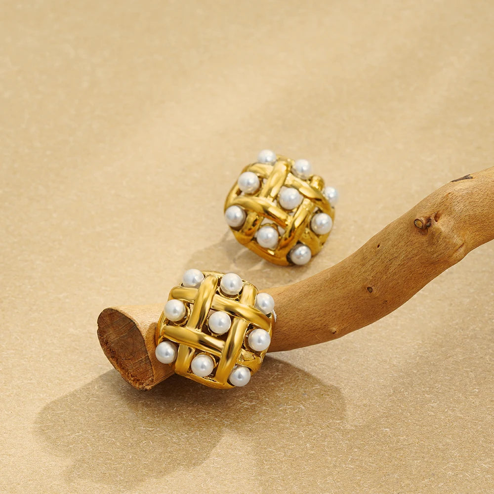Elegant Stainless Gold Plated Pearl Steel Earrings for Women