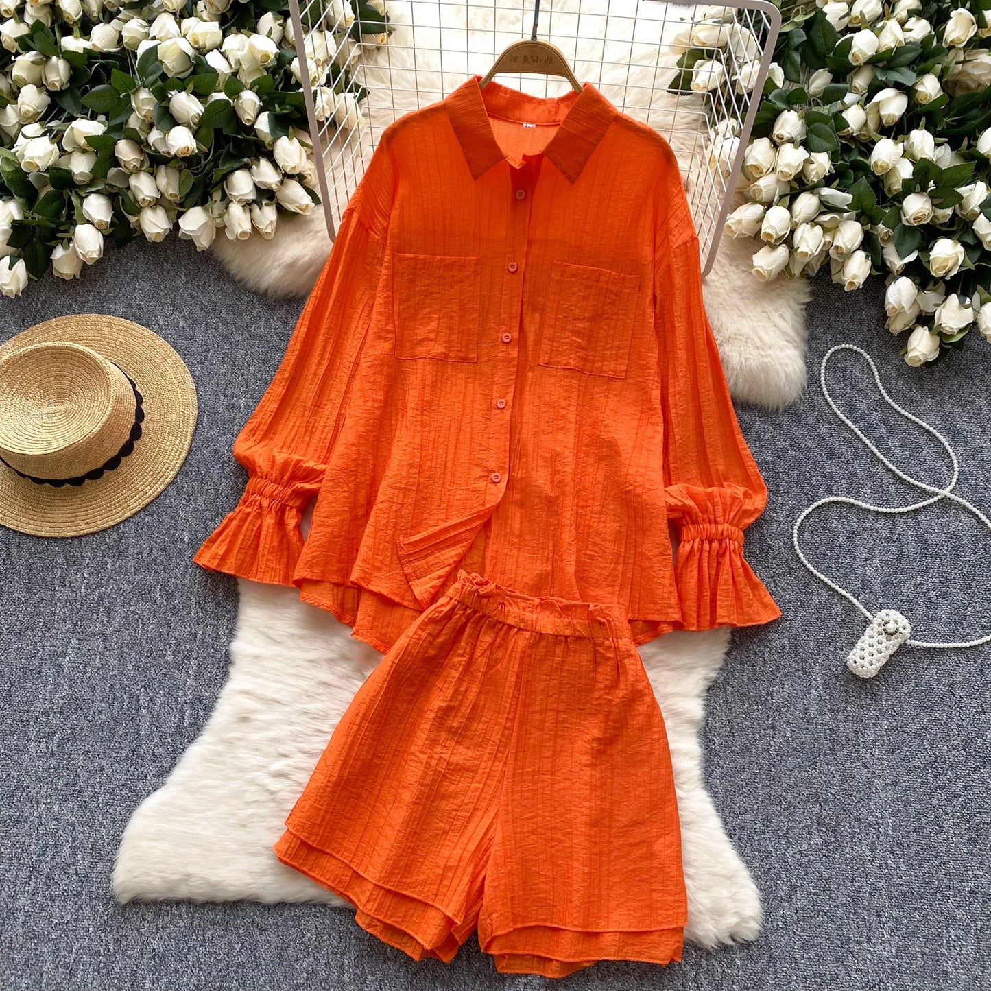 Elegant Polo-neck Vintage Long Flare Sleeves Chic Single Breasted Shirts High Waist Wide Leg Short Pants Sets