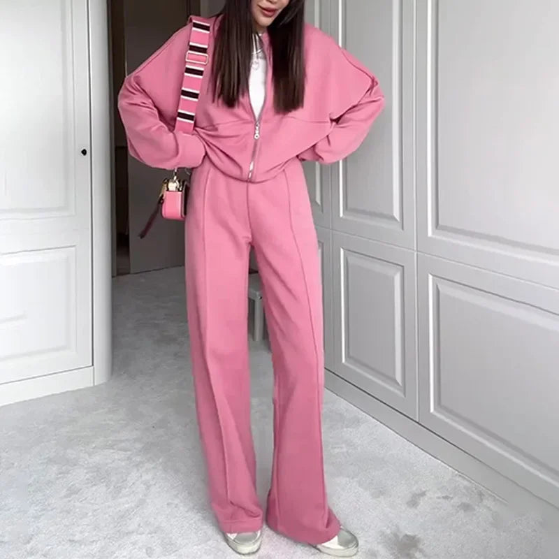 Two Piece Sets Round Fashion Simple Jacket Casual Straight Leg Pants Autumn Winter High Street Lady Suit