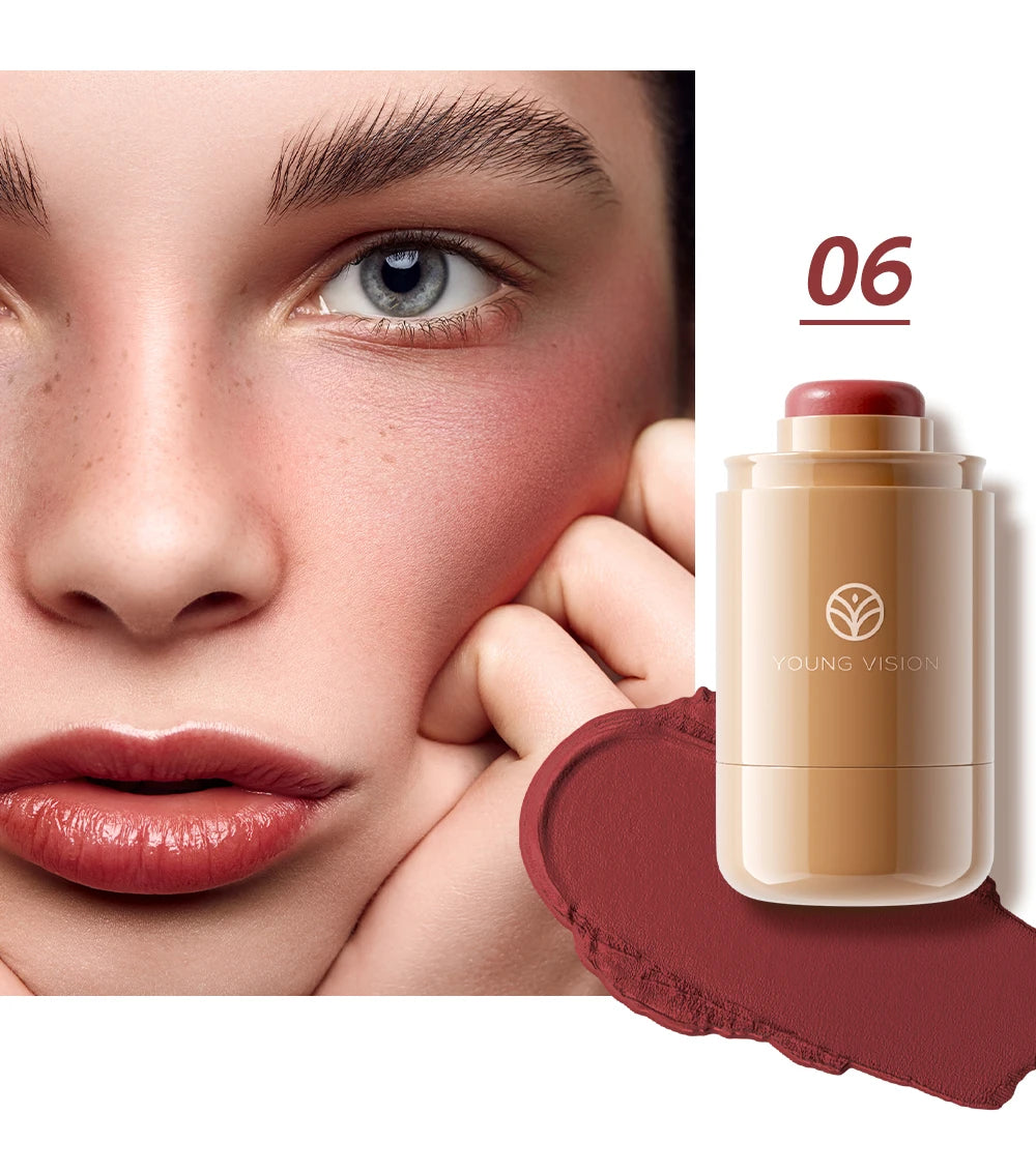 Powder blusher stick, natural 6 color, matte, portable, lip and cheek pocket, rouge cream