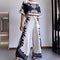 Elegant Printed Sets Outfit For Women Short Tops Wide Leg Pants