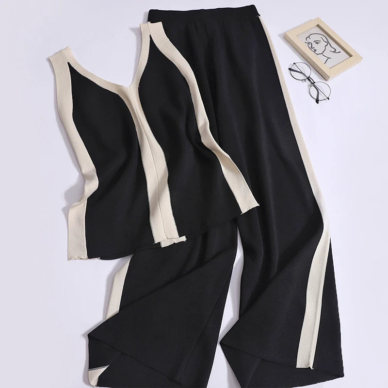 Women Summer New Contrast Color Top Elastic Band Wide Leg Pants Two Piece Set Thin Split Elegant Knit Loose Set