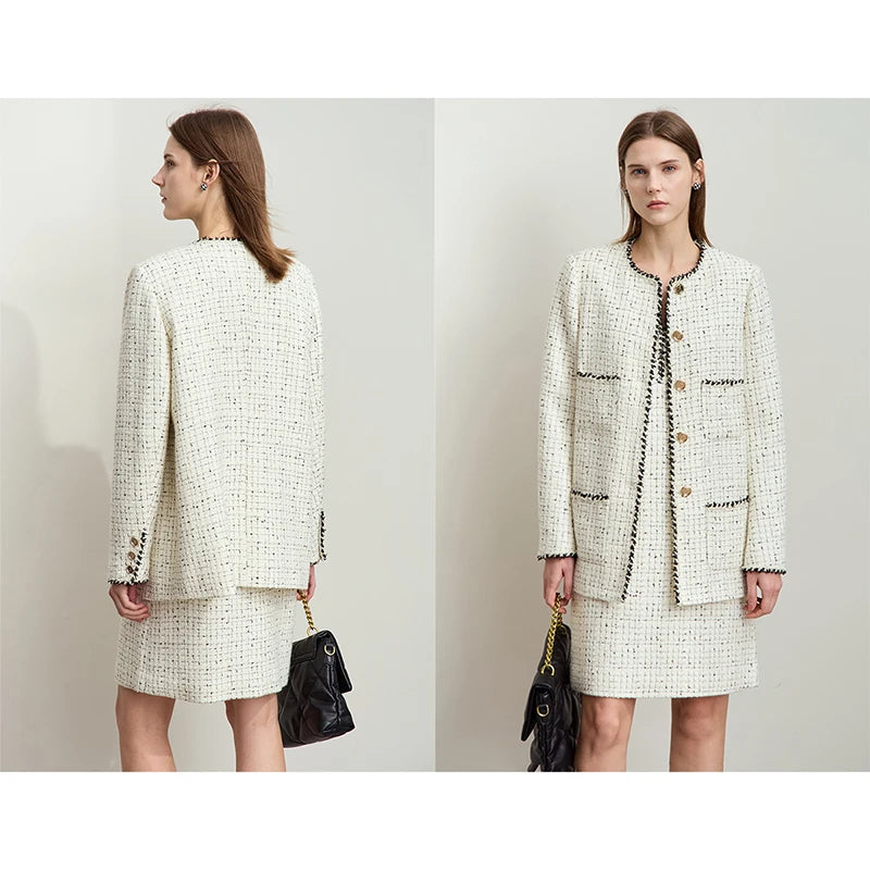 Women's Woolen Coat Elegant O-Neck Plaid Medium Long