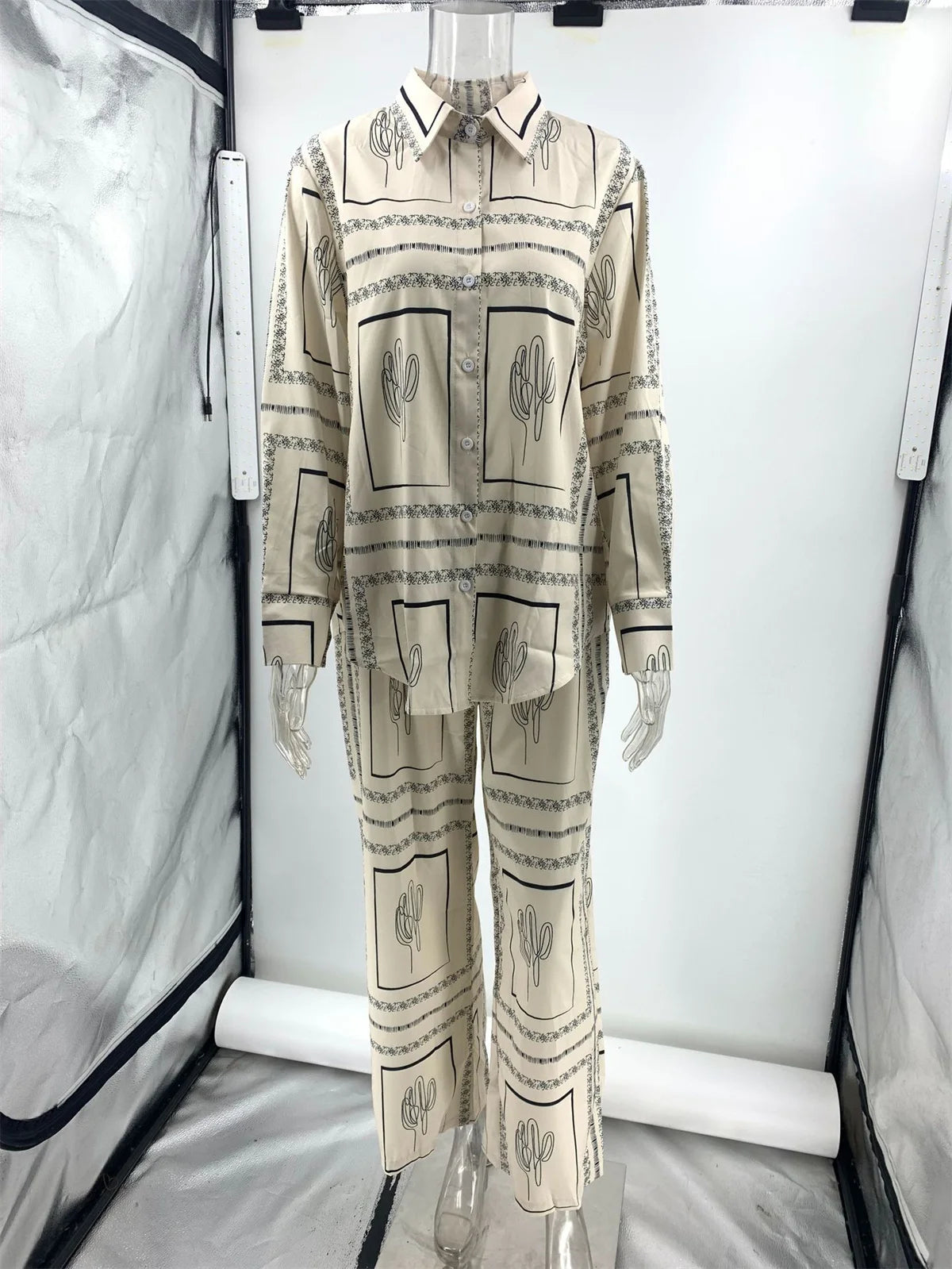 Female Printed Shirts Two Piece Set Lapel Long Sleeve Top High Waist Wide Leg Pants 2024 Spring Summer Women Home Wear Suits