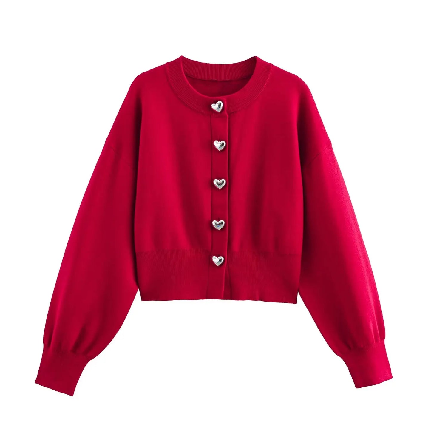 New round neck heart shaped single breasted long sleeved knitted sweater