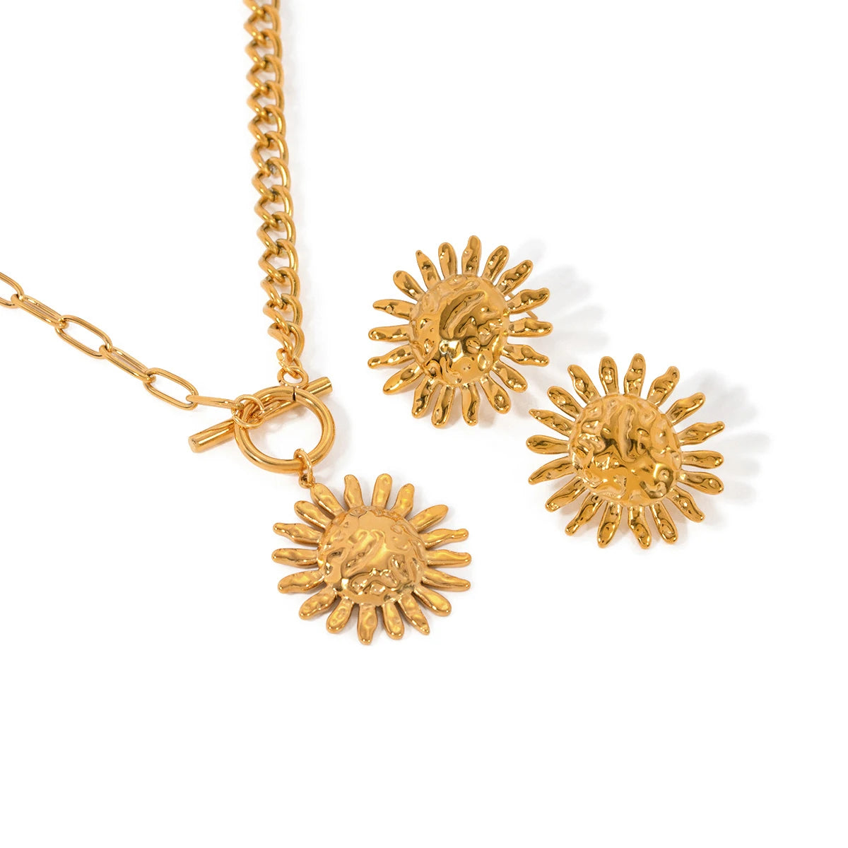 Gold Plated Stainless Sunflower Earrings & Pendant Necklace
