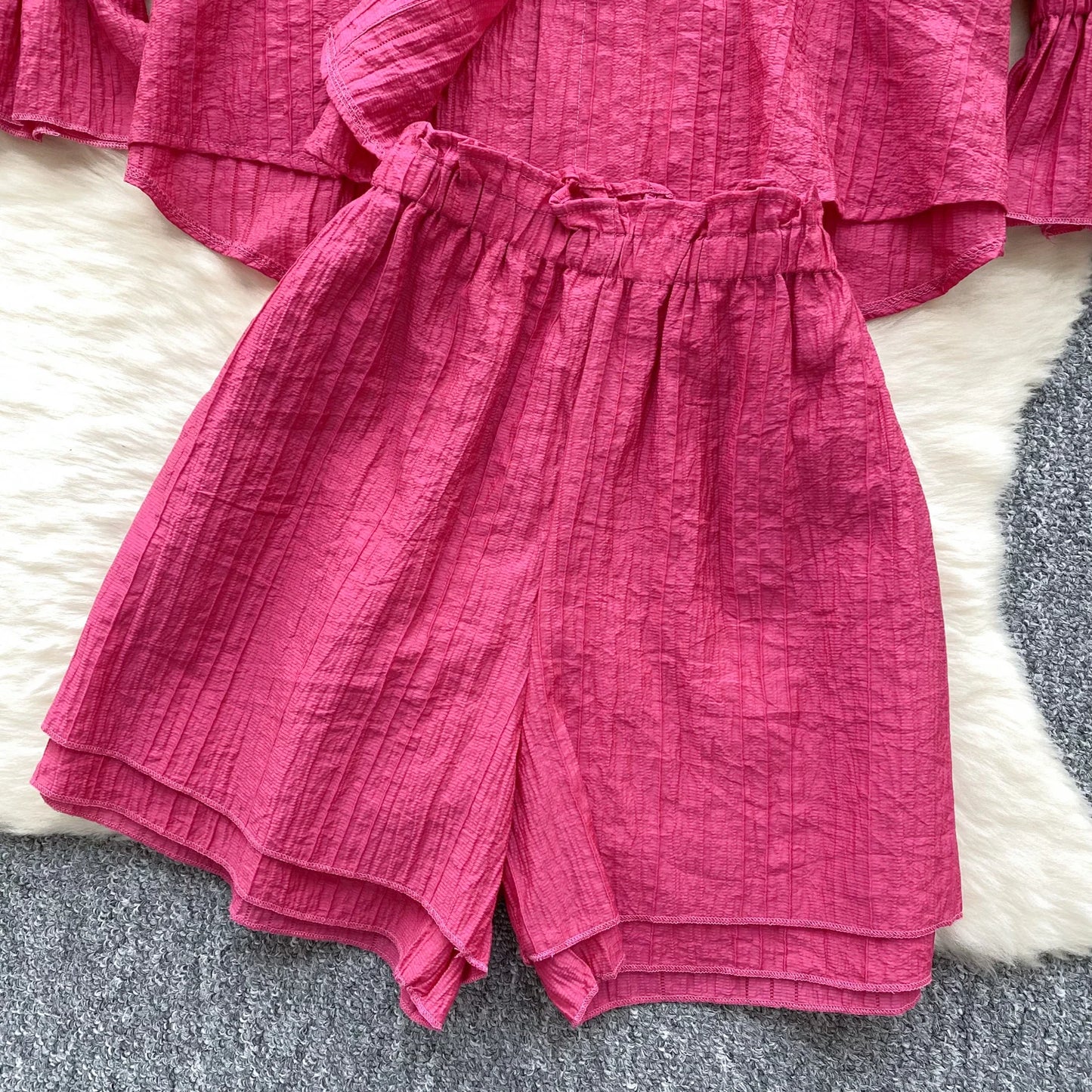 Elegant Polo-neck Vintage Long Flare Sleeves Chic Single Breasted Shirts High Waist Wide Leg Short Pants Sets