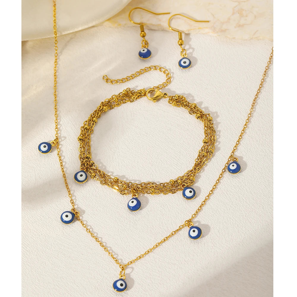 Stainless Steel Jewelry Set Fashion Hanging Small Eyes Earrings Bracelets Necklaces 3 Piece Jewelry Set For Women Jewelry Gifts