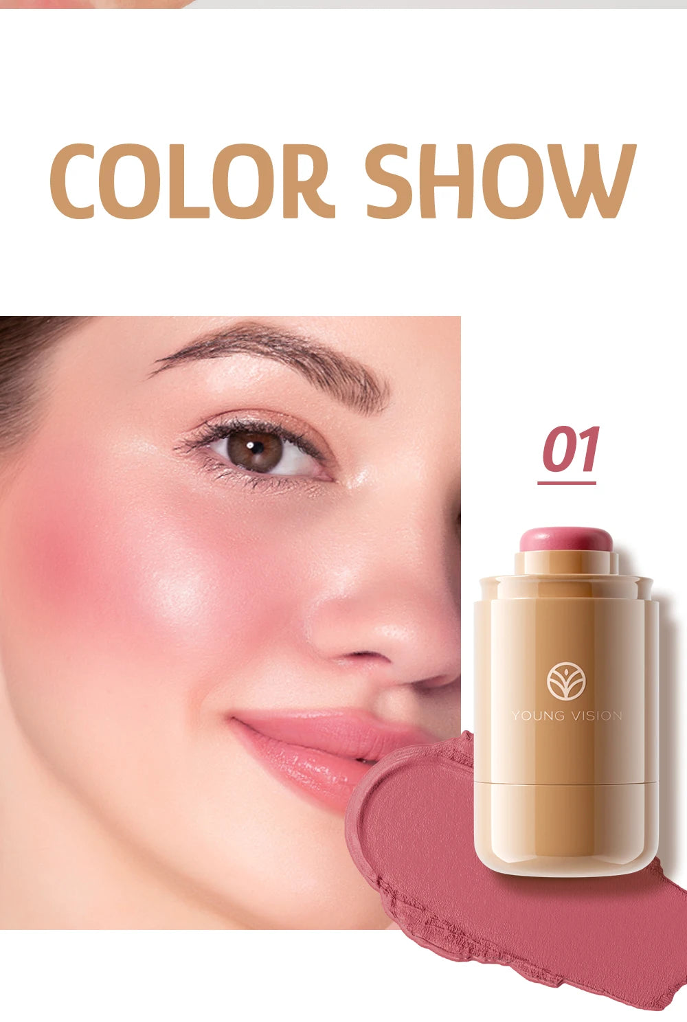 Powder blusher stick, natural 6 color, matte, portable, lip and cheek pocket, rouge cream