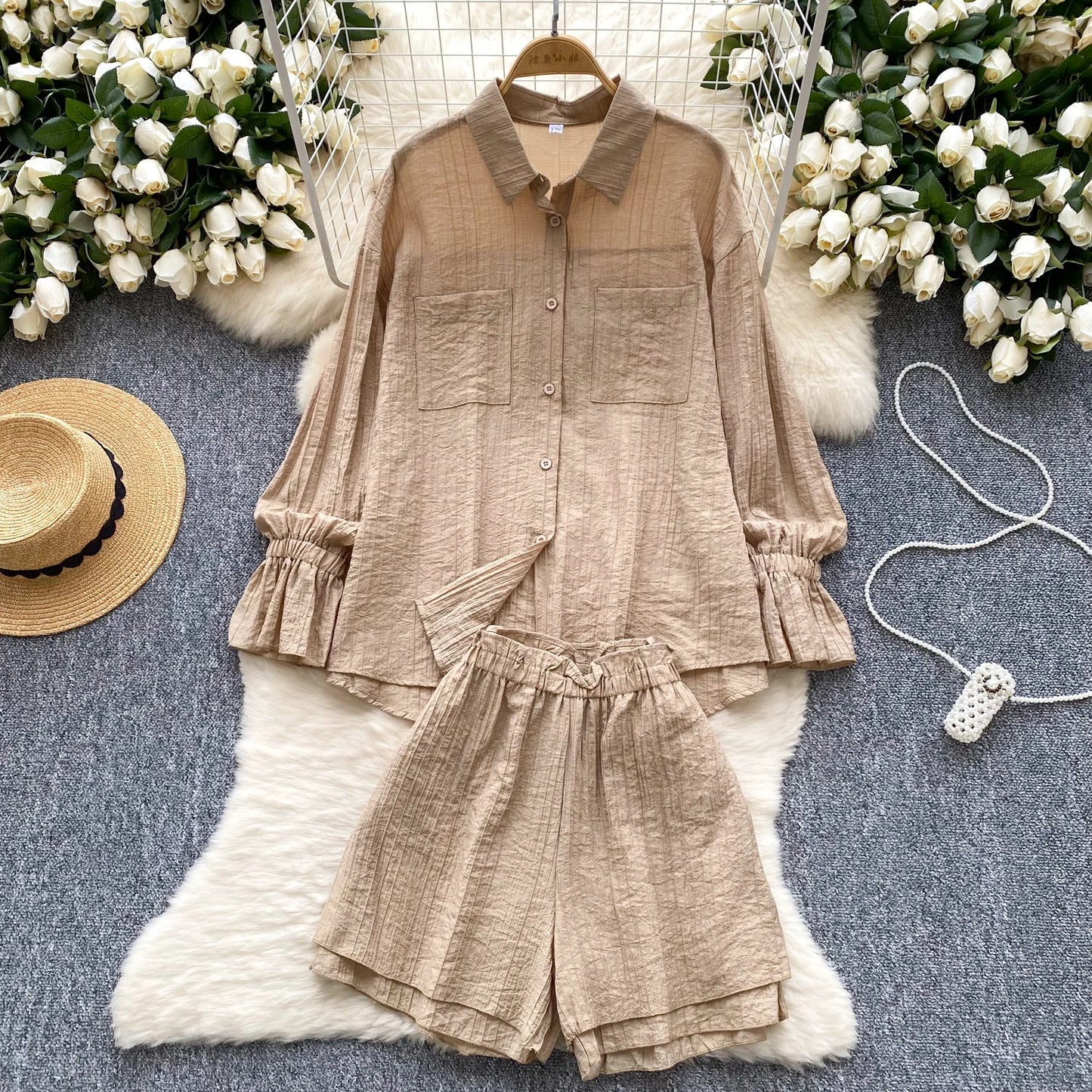 Elegant Polo-neck Vintage Long Flare Sleeves Chic Single Breasted Shirts High Waist Wide Leg Short Pants Sets