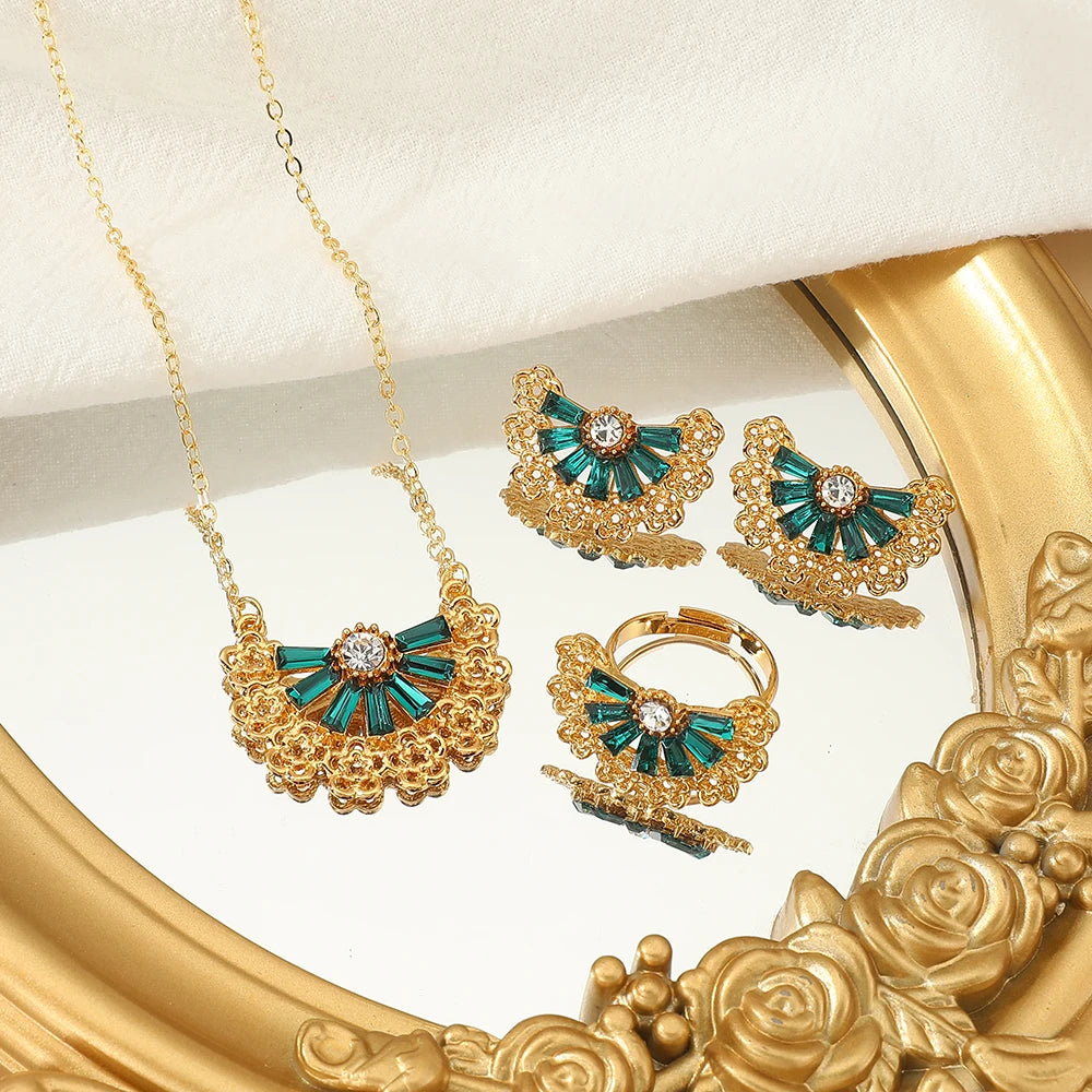 Golden Stainless steel necklace + earrings + ring Set for Women's Jewelry