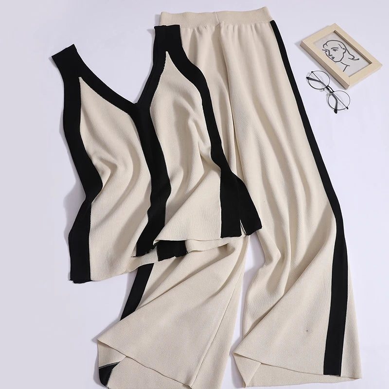Women Summer New Contrast Color Top Elastic Band Wide Leg Pants Two Piece Set Thin Split Elegant Knit Loose Set