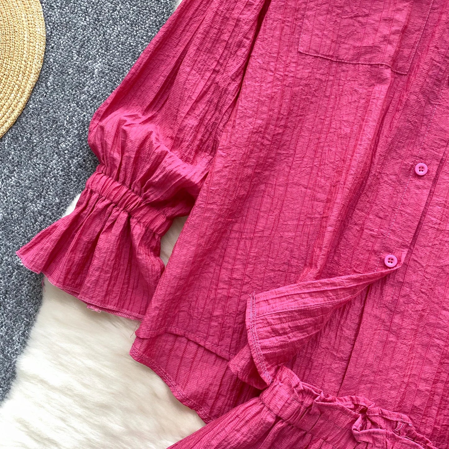Elegant Polo-neck Vintage Long Flare Sleeves Chic Single Breasted Shirts High Waist Wide Leg Short Pants Sets