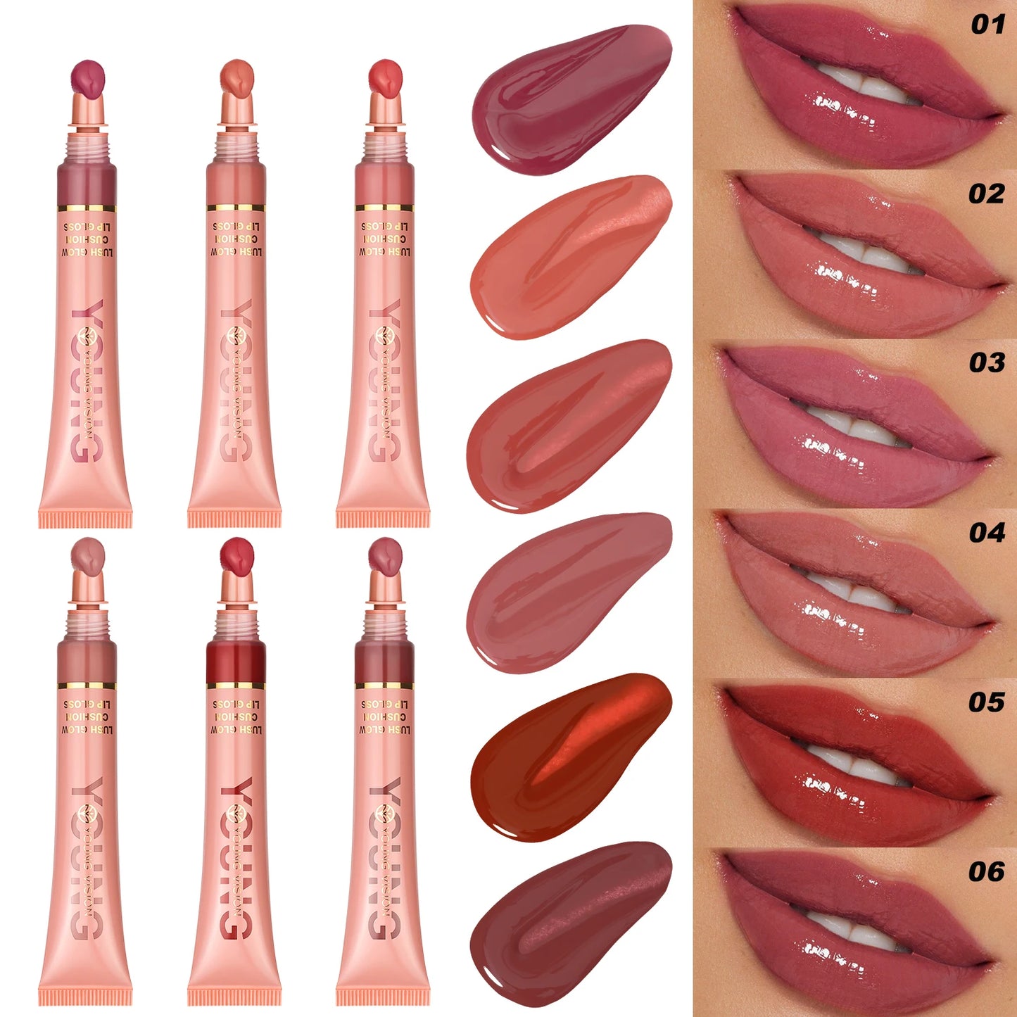Liquid Water Brightening Lip 6 Color Plush Brush Head Squeezing Lip Color Moisturizing Lip Glaze