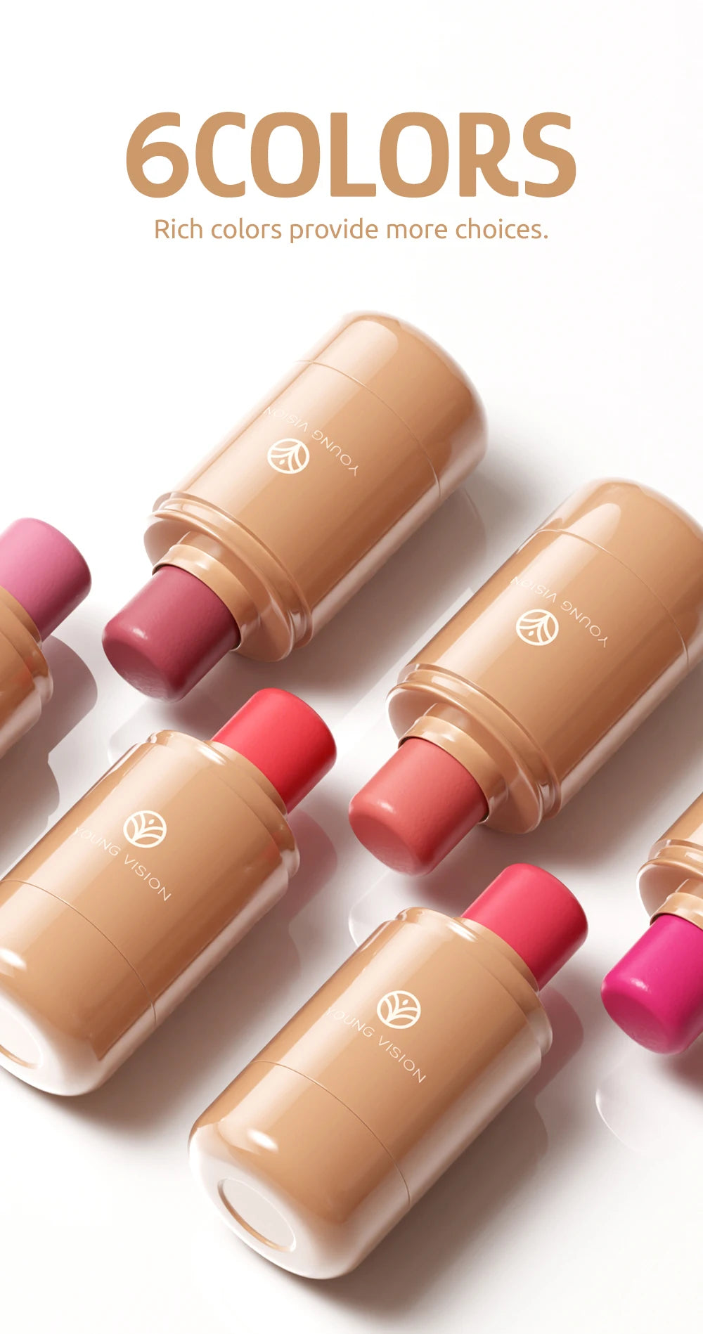 Powder blusher stick, natural 6 color, matte, portable, lip and cheek pocket, rouge cream