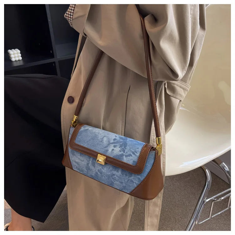 Retro Blue Denim Patchwork Bag New Women's Magnetic Buckle Zipper Shoulder Handbag