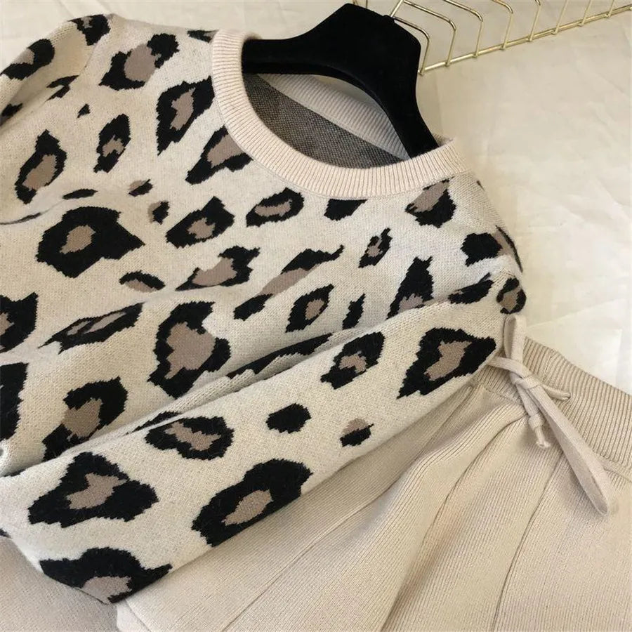 Womens Knitted 2 Piece Sets Leopard Print Pullovers Tops + High Waist Knitwear Jogger Pants Suit Casual Autumn Sweater Conjuntos