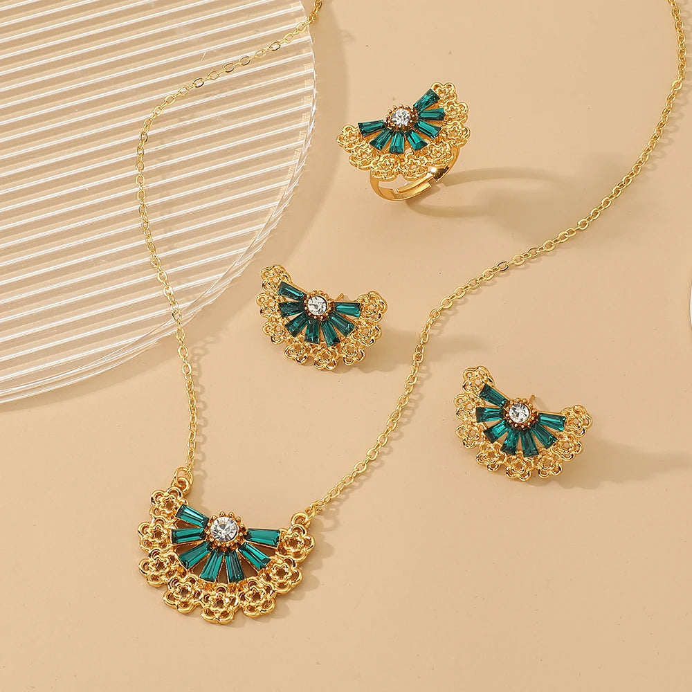 Golden Stainless steel necklace + earrings + ring Set for Women's Jewelry