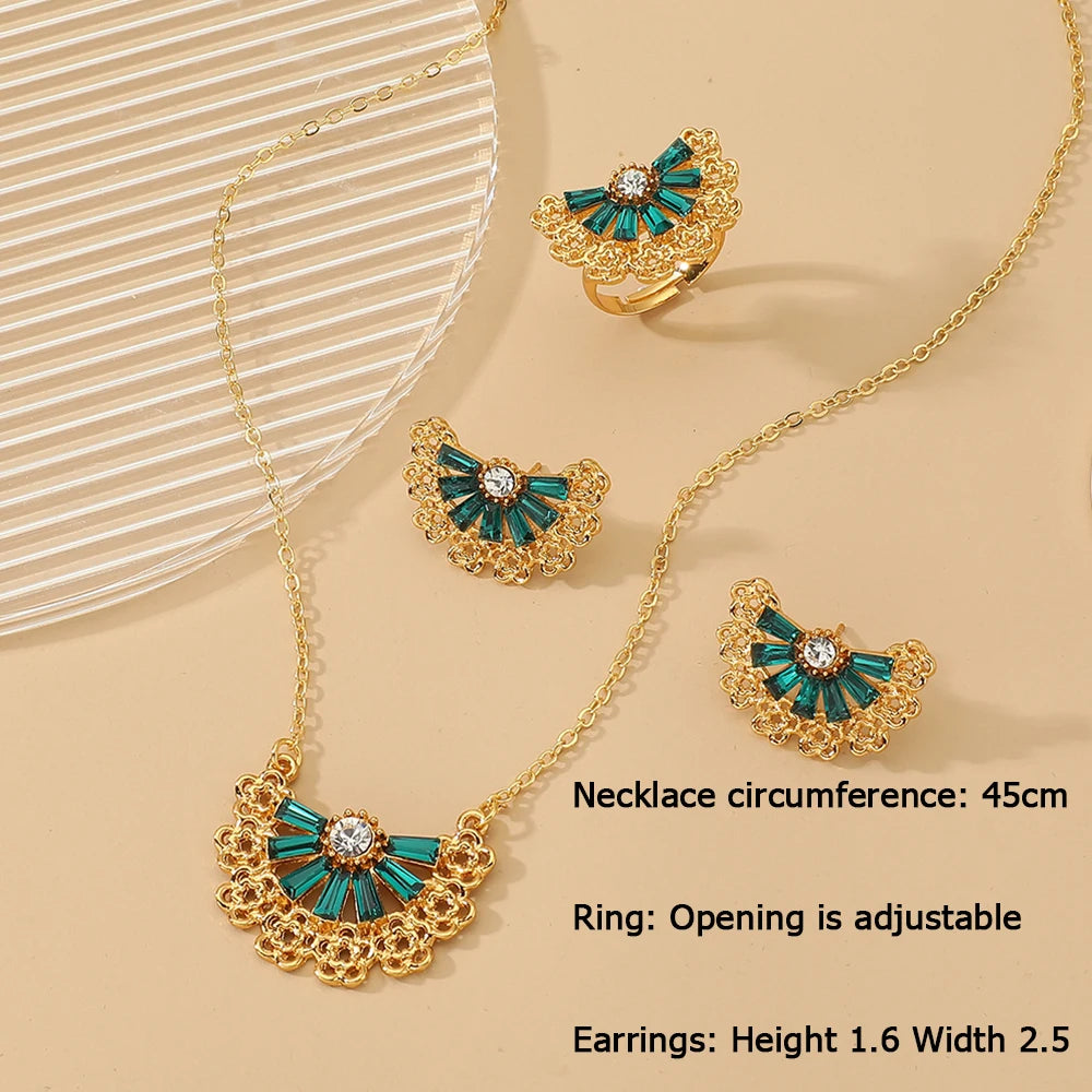 Golden Stainless steel necklace + earrings + ring Set for Women's Jewelry