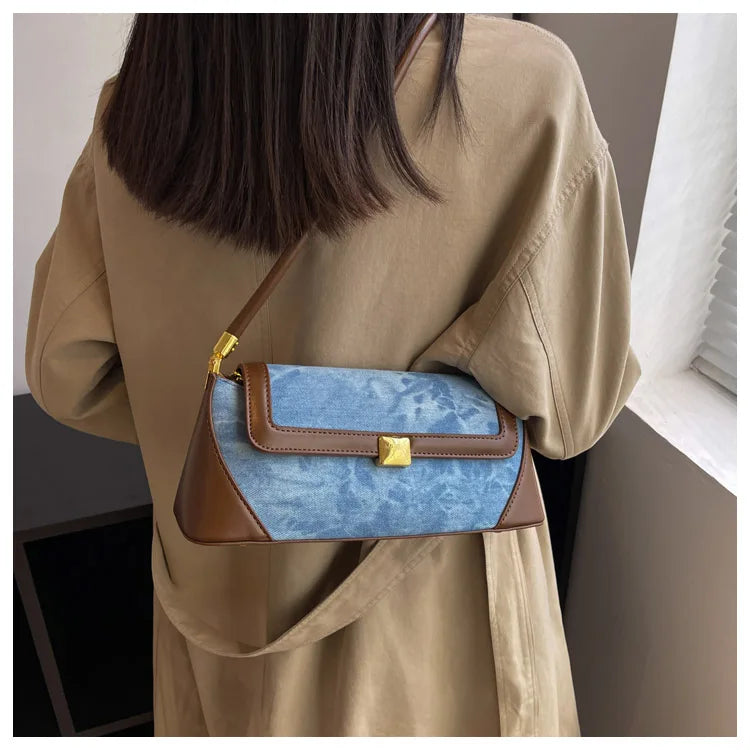 Retro Blue Denim Patchwork Bag New Women's Magnetic Buckle Zipper Shoulder Handbag