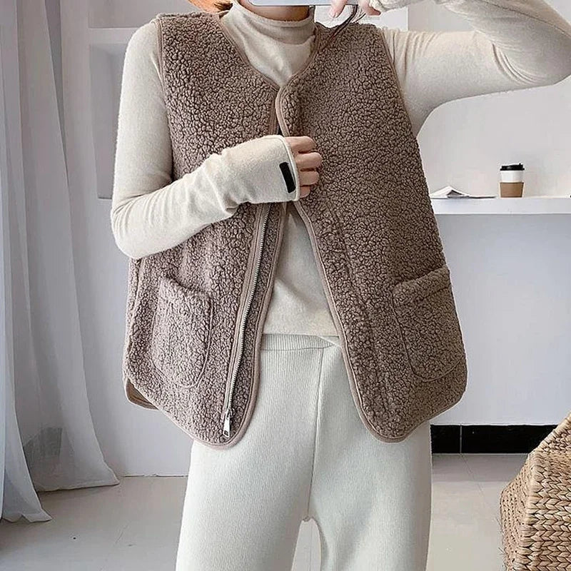 Women Faux Lamb Fur Vest Coat With Pockets Warm Casual Cardigan Jacket