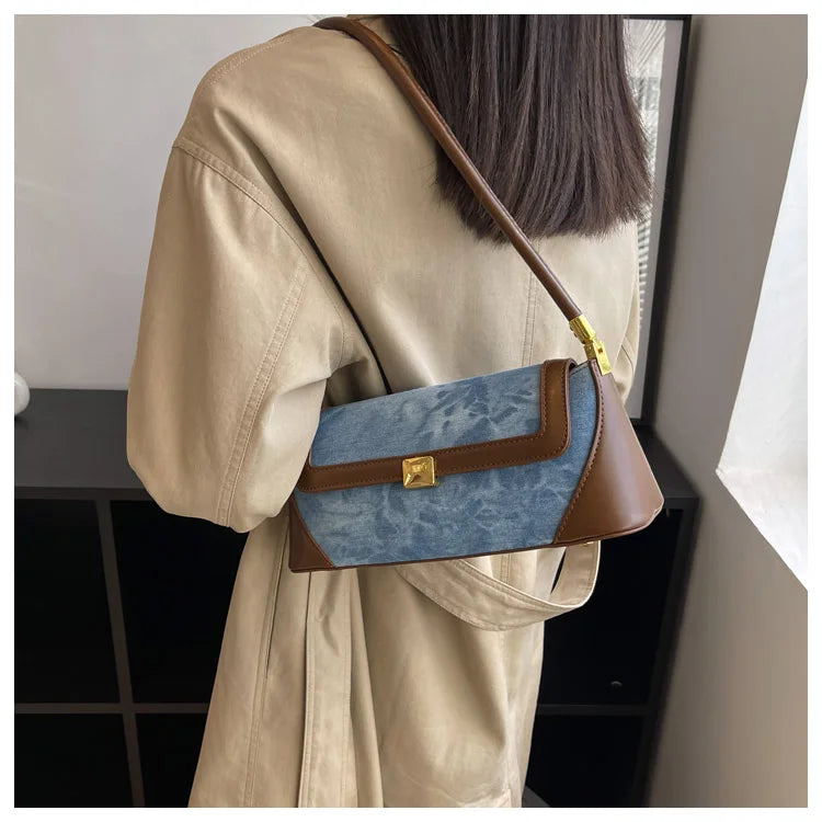 Retro Blue Denim Patchwork Bag New Women's Magnetic Buckle Zipper Shoulder Handbag